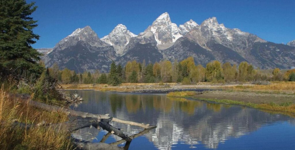Snow-capped mountains rise behind a line of autumn trees, with their reflection visible in a calm river under a clear blue sky.
