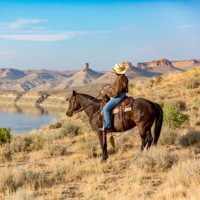 A person in a cowboy hat rides a dark horse, overlooking a lake and rocky mesas in a dry, grassy landscape under a clear sky.