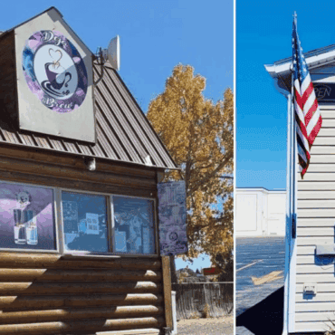 Two small drive-thru coffee stands, one wood log cabin style and the other cream-colored siding, both with 