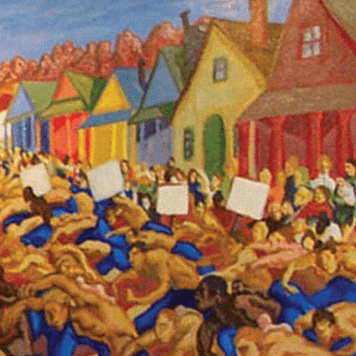 Crowd of people with signs marching through a colorful town street lined with houses; abstract, vibrant painting style.