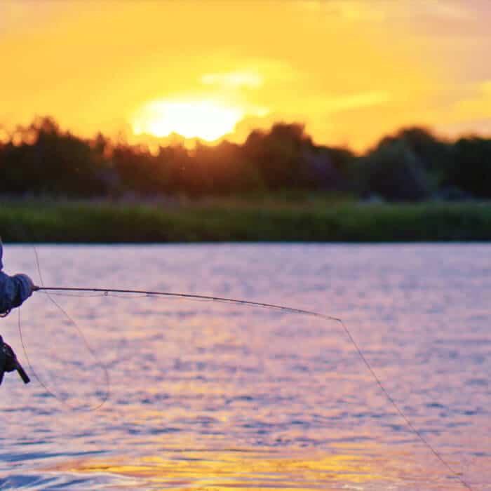 Person fishing in a river at sunset with trees in the background and the sun low on the horizon.