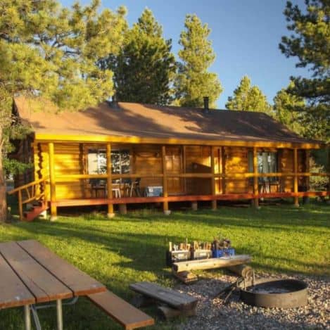 A wooden log cabin with a front porch sits on a grassy lawn surrounded by trees, with a picnic table and fire pit in the foreground.