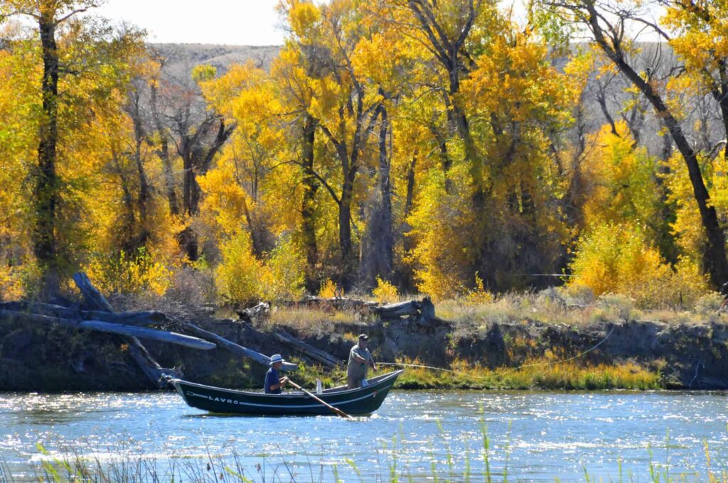 Two people fish from a small boat on a river with autumn trees and yellow foliage lining the bank in the background.