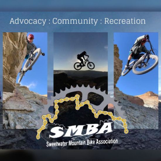 Three mountain bikers ride on rocky terrain with the Sweetwater Mountain Bike Association (SMBA) logo and the words 