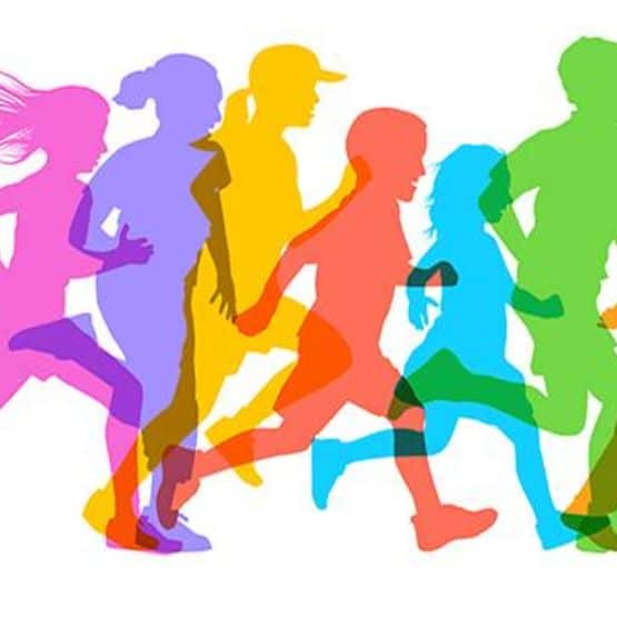 Colorful silhouettes of children running, overlapping in various bright colors on a white background.