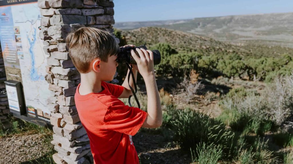 A boy in a red shirt looks through binoculars at a scenic landscape, standing next to a stone sign with a map.
