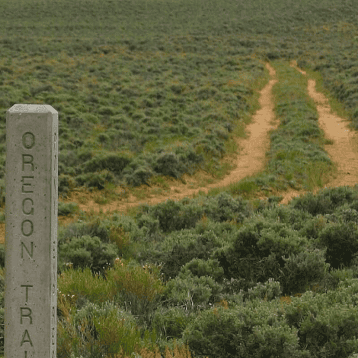 A stone marker labeled "Oregon Trail" stands beside a dirt path that stretches into a grassy, shrub-covered landscape.