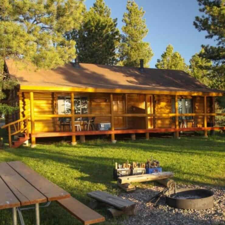 A wooden cabin with a front porch is surrounded by trees and grass. In the foreground are a picnic table, fire pit, and outdoor chairs, lit by sunlight.
