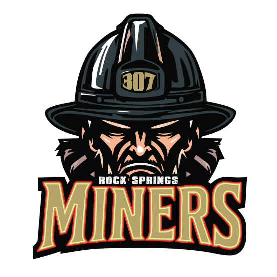 Logo of Rock Springs Miners showing a stern miner wearing a black helmet labeled “307,” with “Rock Springs” above the word “Miners” in bold gold letters.