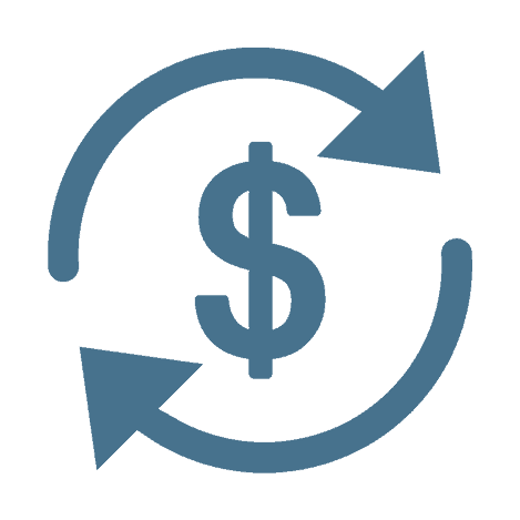 Blue dollar sign surrounded by two circular arrows, indicating a concept of money circulation or financial transactions on a light gray background.