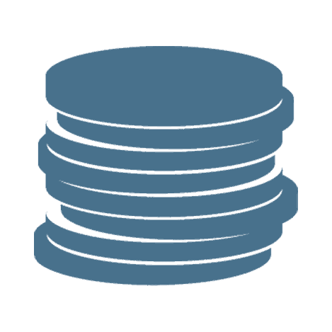 A simplified blue icon of a stack of six coins on a light gray background.