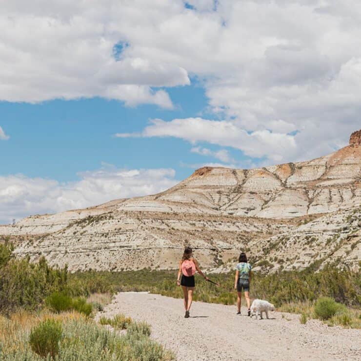 Two people walk a dog on a dirt trail through a rocky, desert landscape under a partly cloudy sky.
