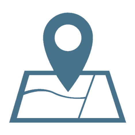 Blue map icon with a location pin marker on a simplified map illustration with curved and straight lines, on a light background.