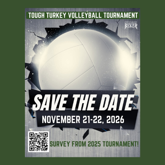 Poster for the Tough Turkey Volleyball Tournament, November 21-22, 2026, with a volleyball crashing through a wall and a QR code for the 2025 tournament survey.