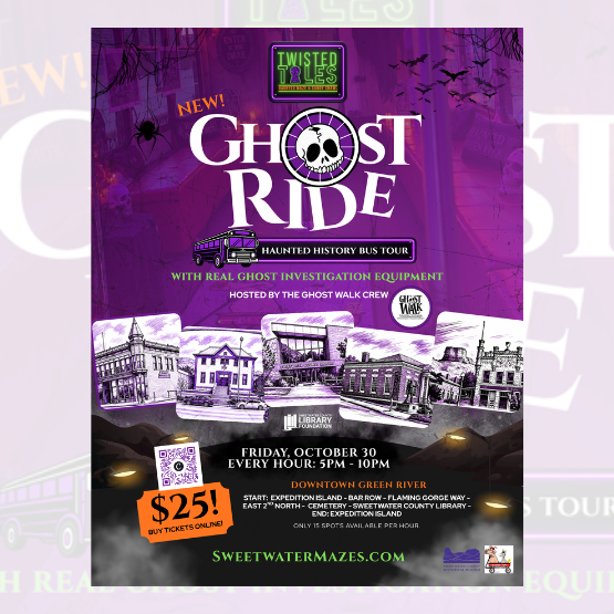Purple poster advertising the “Ghost Ride” haunted history bus tour in Green River, featuring ghost investigation equipment, ticket price, event date, and tour info.