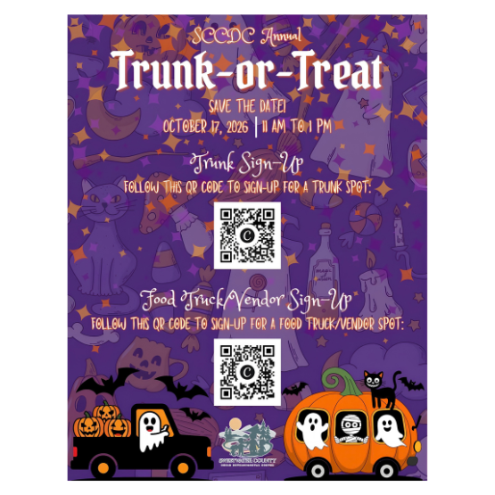 Purple Halloween-themed flyer for a 2026 Trunk-or-Treat event with QR codes for trunk and food truck vendor sign-ups; features pumpkins, bats, and costumed cartoon animals.