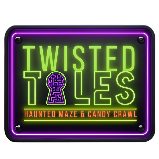 Neon sign reads “Twisted Tales Haunted Maze & Candy Crawl” with a keyhole-shaped maze design in the letter T.