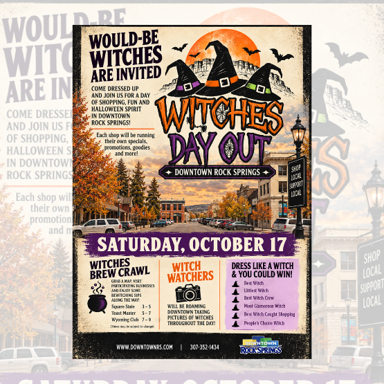 Event poster for “Witches Day Out” in Downtown Rock Springs on Saturday, October 17, featuring a witch-themed brew crawl, costume contest, and activities for attendees.