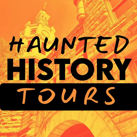 Orange graphic with a historic building in the background and bold black text that reads “Haunted History Tours.”.