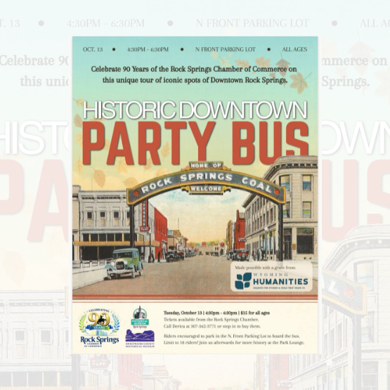 Poster for the “Historic Downtown Party Bus” event, featuring an old street scene, event details, and sponsor logos at the bottom.