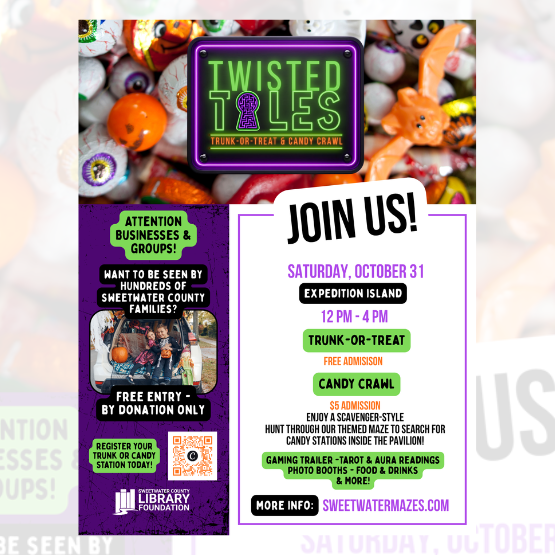 Flyer for “Twisted Tales Trunk-or-Treat & Candy Crawl” event on October 31, 12-4 PM, featuring free trunk-or-treat, paid candy crawl, games, tarot readings, and photo booths.