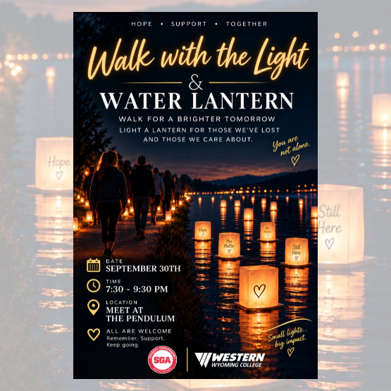 People walk alongside lit lanterns on a pathway at dusk; event details for “Walk with the Light & Water Lantern” hosted by Western Wyoming College are displayed.