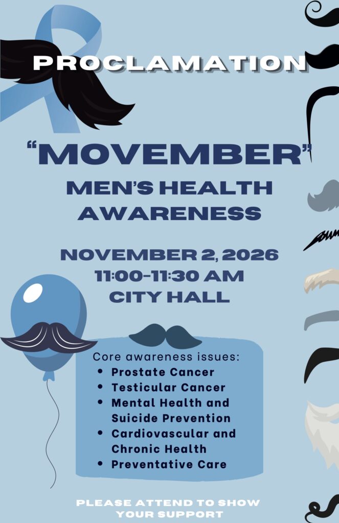 Flyer for Movember Men’s Health Awareness event on November 2, 2026, at City Hall, listing core health issues including prostate and testicular cancer, mental health, and preventative care.