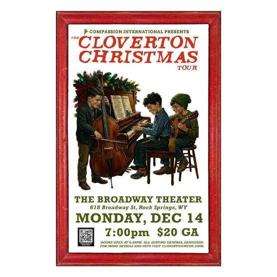 Poster for The Cloverton Christmas Tour on December 14 at The Broadway Theater in Rock Springs, Wyoming, featuring an illustration of three boys playing musical instruments.