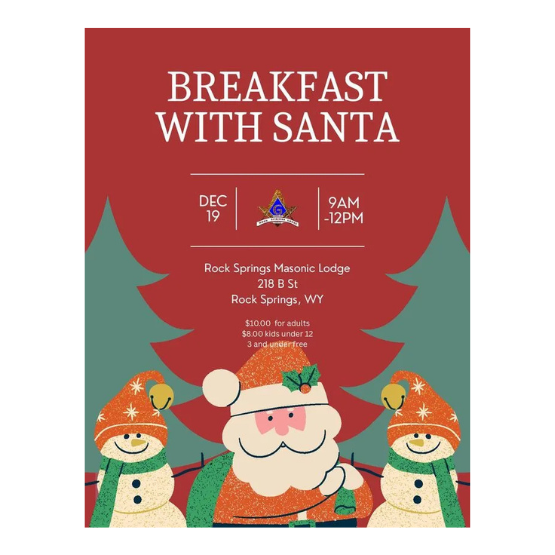 Event flyer for Breakfast with Santa at Rock Springs Masonic Lodge on December 19 from 9am to 12pm, including ticket prices.